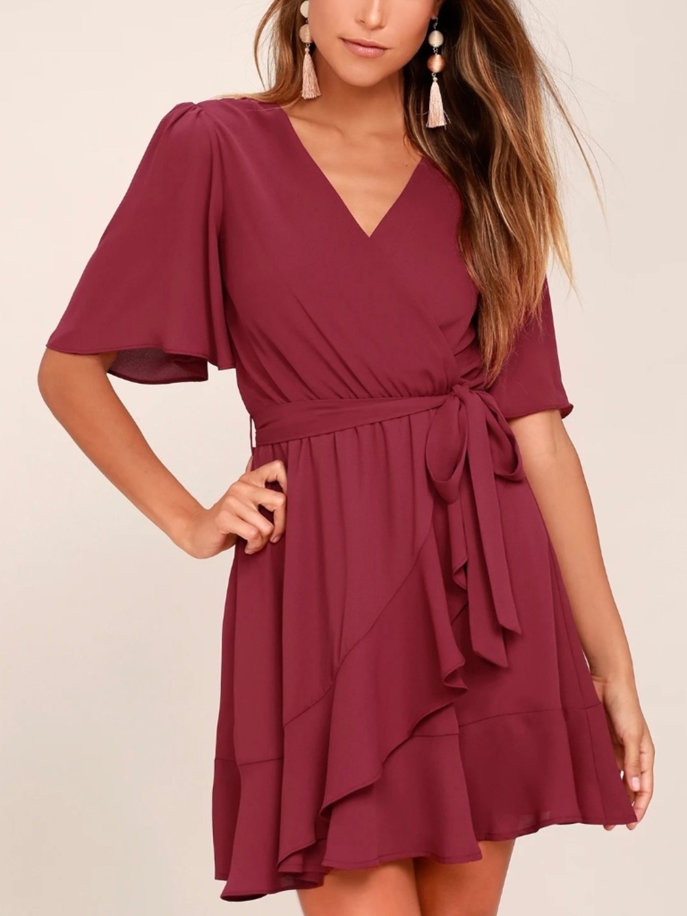 Lulus Burgundy Faux Wrap Ruffle Hem Dress Tie Waist Flutter Sleeve Women's M